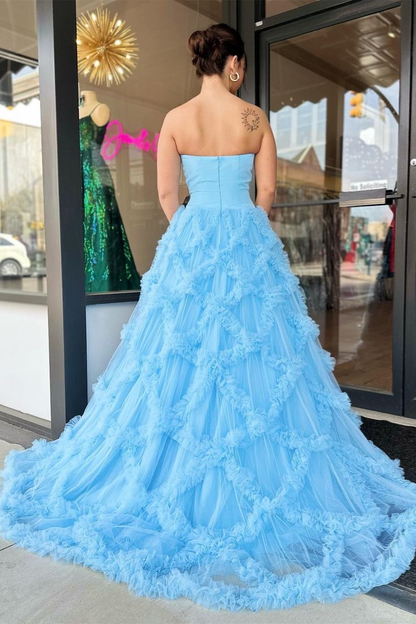 Light Blue Tulle Ruffled Net Streapless Long Prom Dress gh2775