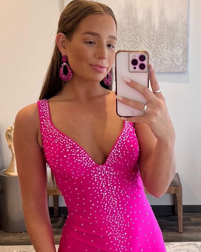 Rose Red V-neck Beading Mermaid Prom Dress with Side Slit gh2587