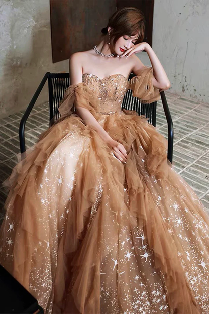 Yellow gorgeous shiny fashion A-line long tulle elegant ball gown evening dress gh2152