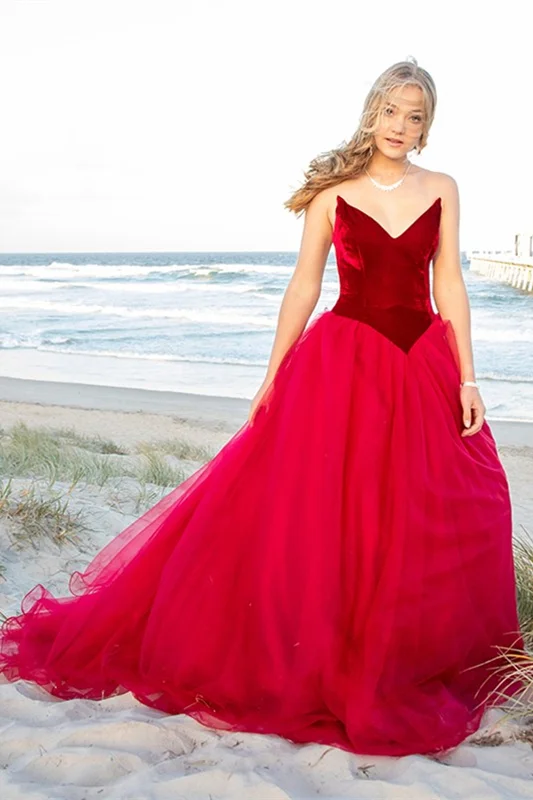 Burgundy Tulle Prom Dress Velvet Top V-Neck gh2545