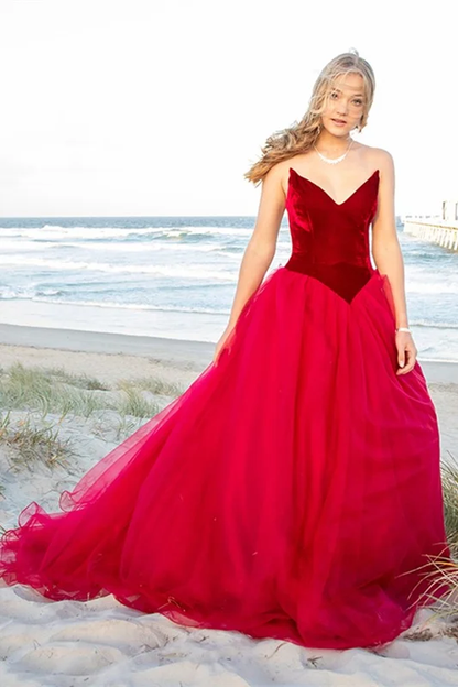 Burgundy Tulle Prom Dress Velvet Top V-Neck gh2545