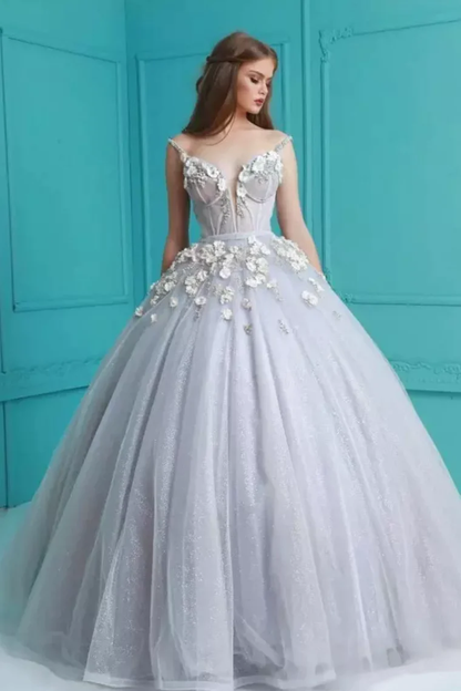Ball Gown Spaghetti Straps Quinceanera Dresses With Handmade Flowers Tulle  gh2069