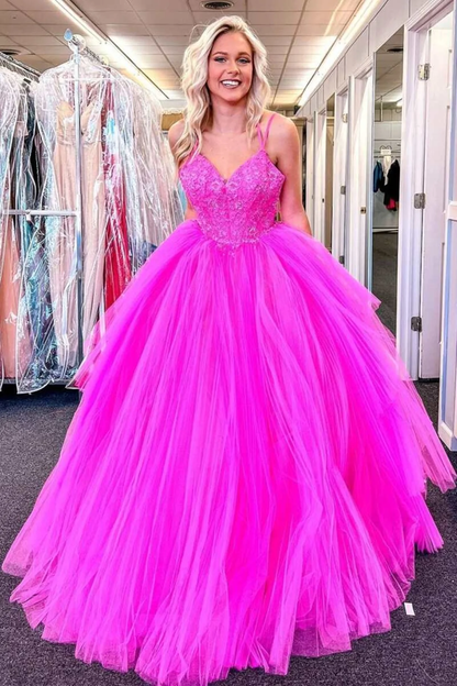 V Neck Fuchsia Lace Appliques Tulle Long Prom Dresses, Fuchsia Lace Formal Evening Dresses, Fuchsia Ball Gown gh2562
