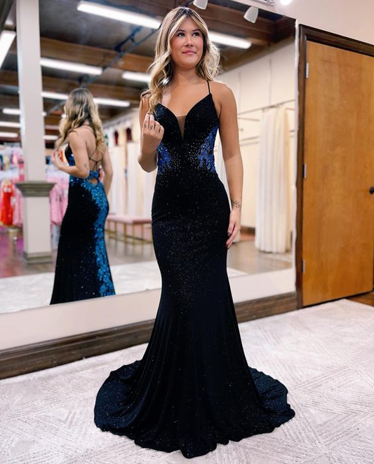 Black shiny fashion V-neck exquisite beaded spaghetti straps long sequined prom dress, evening dress, party dress gh2714