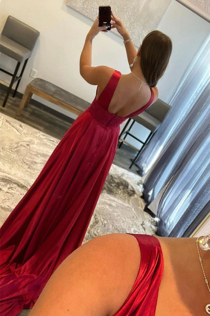 Burgundy V Neck Lace Long Prom Evening Dress With High Slit gh2526
