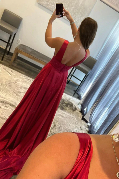 Burgundy V Neck Lace Long Prom Evening Dress With High Slit gh2526