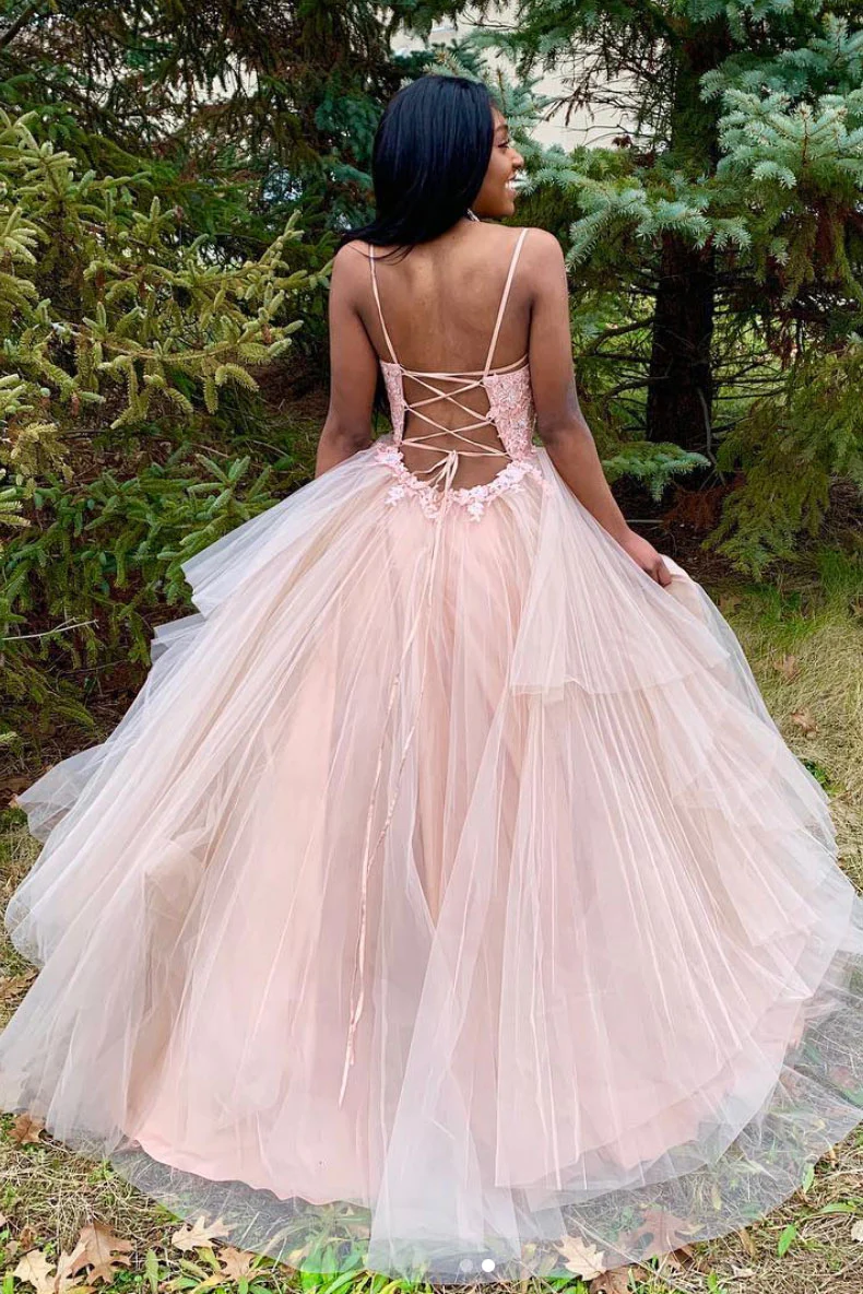 Pink tulle long prom dress, pink tulle evening dress gh2601