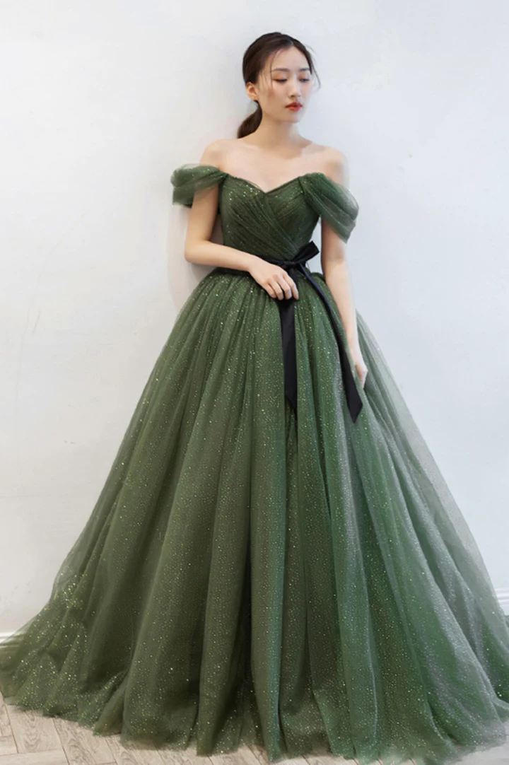 Green tulle long prom dress A line evening dress  gh2275
