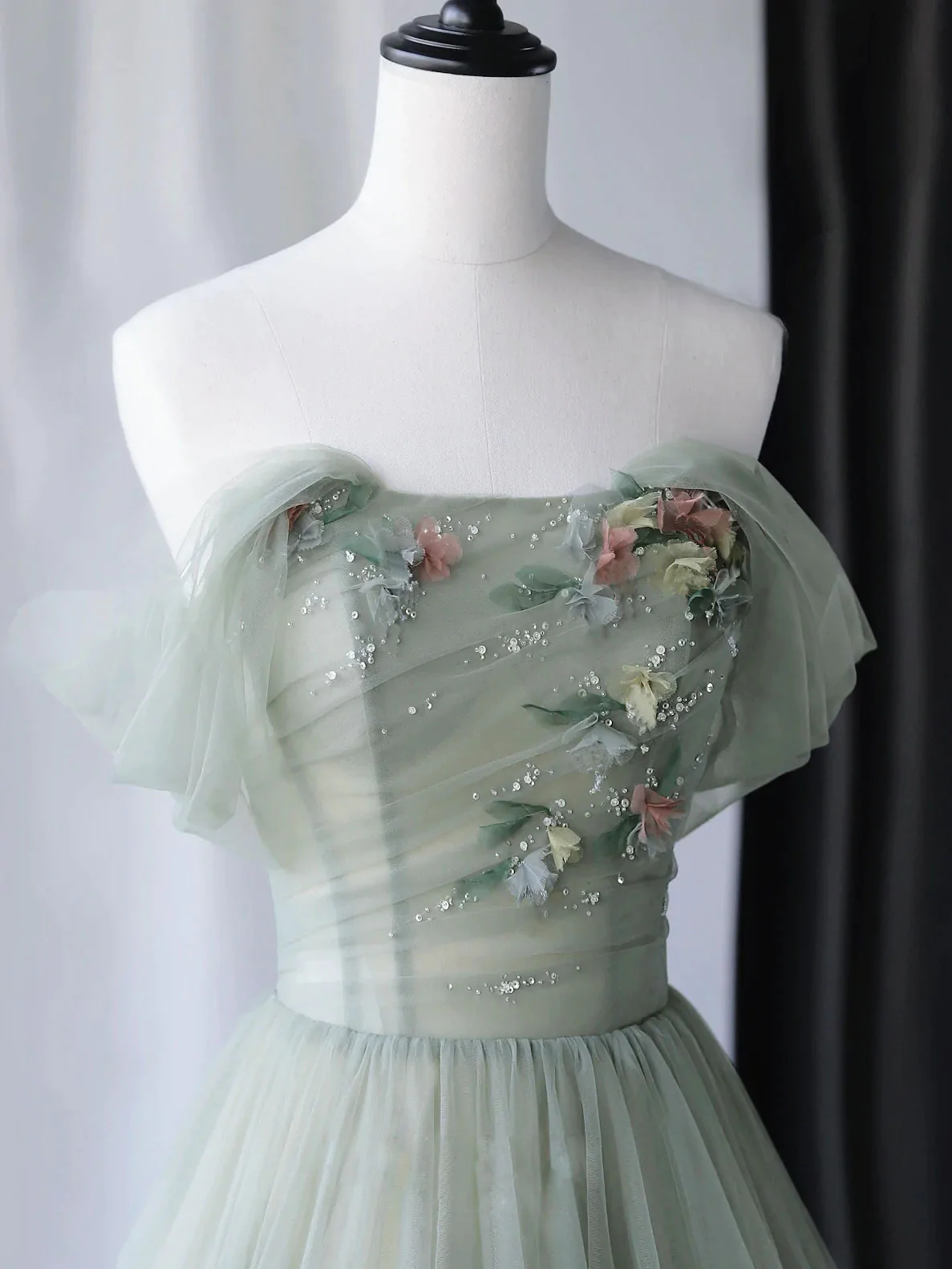 Green beautiful charming floral applique tulle long formal prom dress,evening dress,party dress gh2422