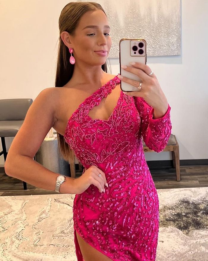 One Shoulder Fuchsia Beading Lace Mermaid Prom Dress with Long Sleeves gh2589