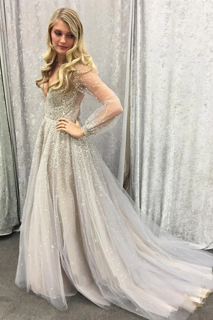 Newly A Line Gray Tulle Long Sleeves See Through Sweetheart Beaded Prom gh2493