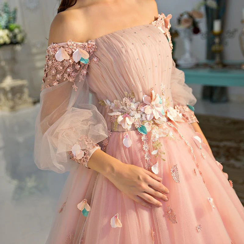 Pink delicate floral applique fairy long sleeves long tulle ball gown evening dress gh2279