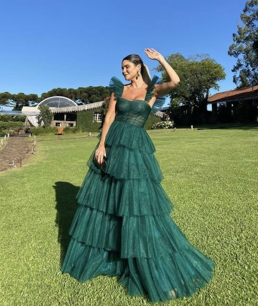 Hunter Green/Emerald Green A-Line Strap Tulle Tiered Long Prom Dress Party Dress gh2771