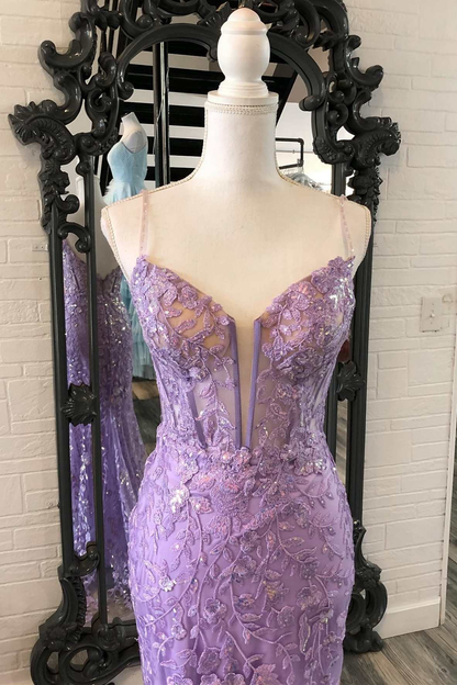 Lavender Floral Appliques Split Neck Mermaid Long Prom Dress gh2595