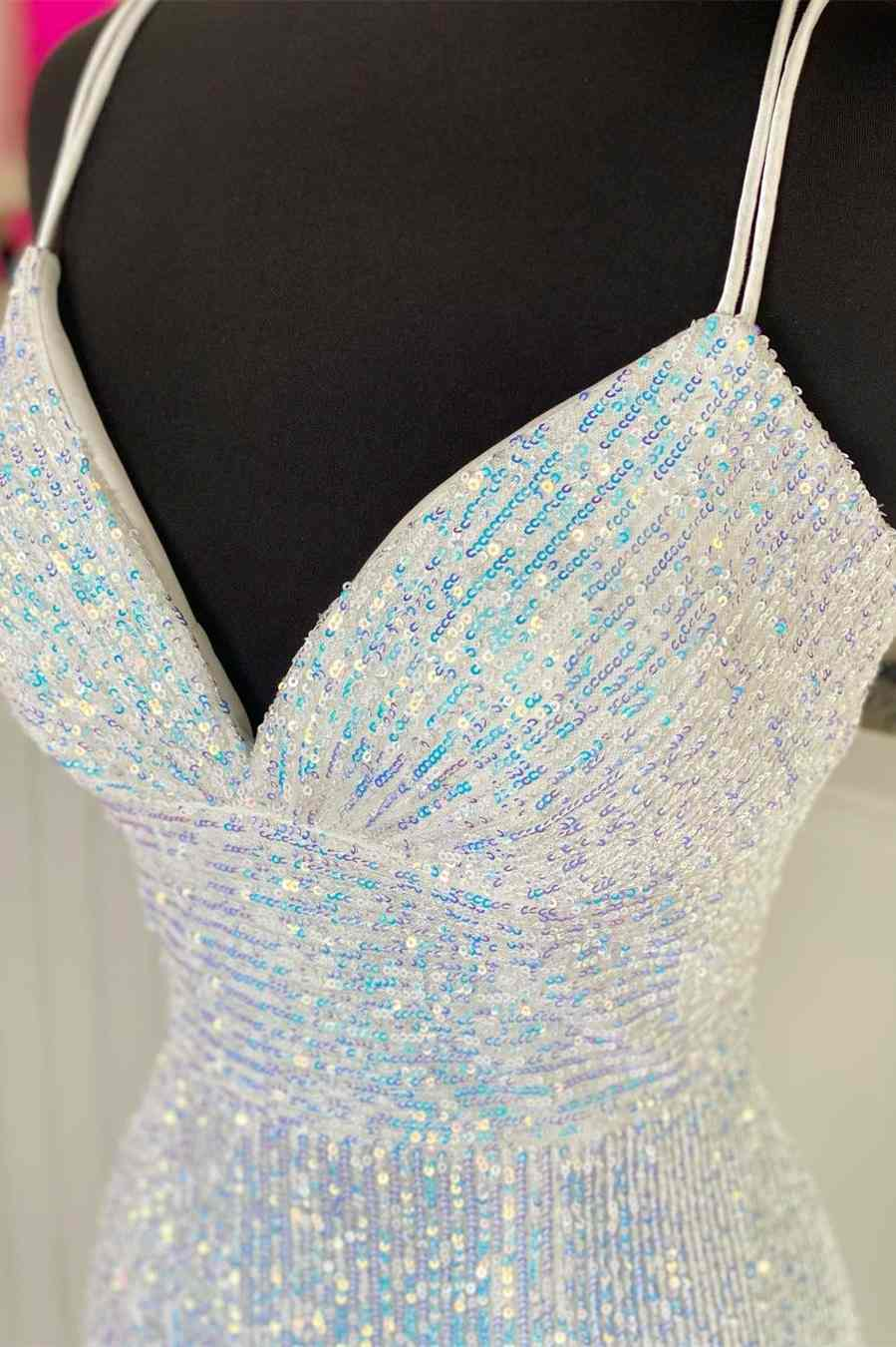 Silver Sequin V-Neck Empire Mermaid Long Prom Dress gh2124