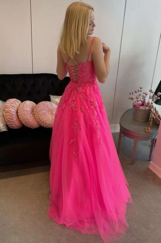 Open Back Hot Pink Tulle Lace Long Prom Dresses, Hot Pink Lace Formal Graduation Evening Dresses gh2605