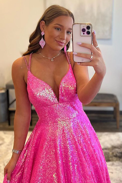 Glitter Fuchsia Sequins Long Prom Dress gh2517