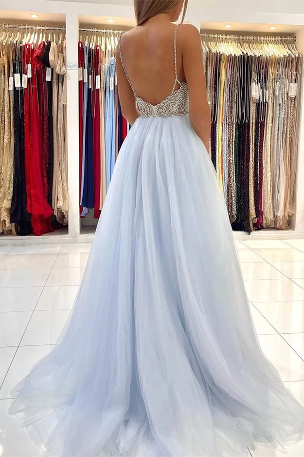 Spaghetti Straps V-Neck Tulle Long Prom Dresses With Beads gh2599