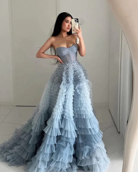 Light blue gorgeous A-line sweetheart layered ruffle tulle long ball gown evening dress gh2685