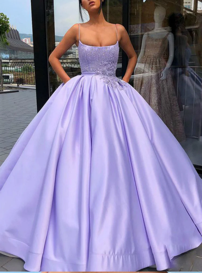 Purple Ball Gown Spaghetti Straps Satin Sweet 16 Dress With Pocket Quinceanera Dress gh2217