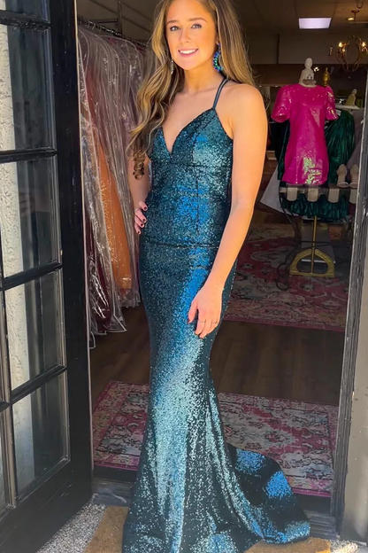 Green Sequin V-Neck Lace-Up Back Mermaid Prom Gown  gh2454