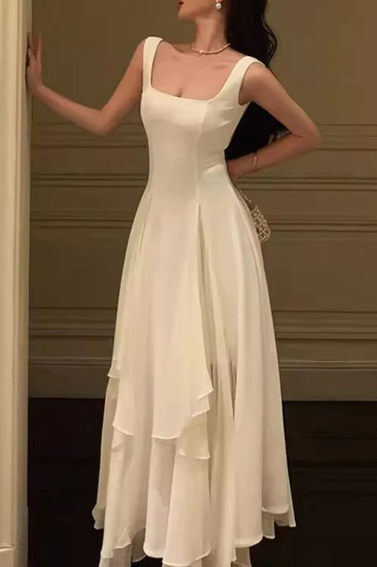 White solid color fashion elegant A-line square neck ball gown ankle length long chiffon evening gown party dress gh2737 gh2737