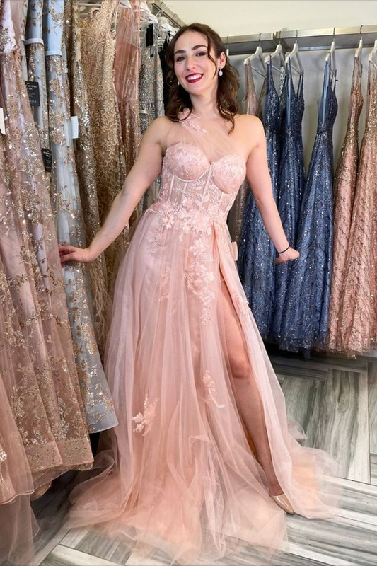 Pink Floral Long Tulle Prom Dress gh2746