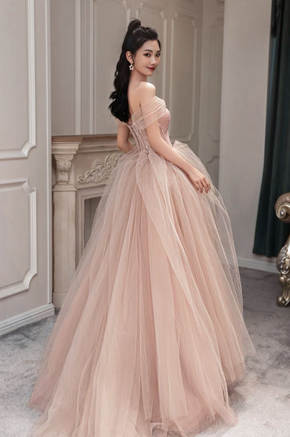 PINK TULLE LONG PROM DRESS PINK EVENING DRESS gh2448