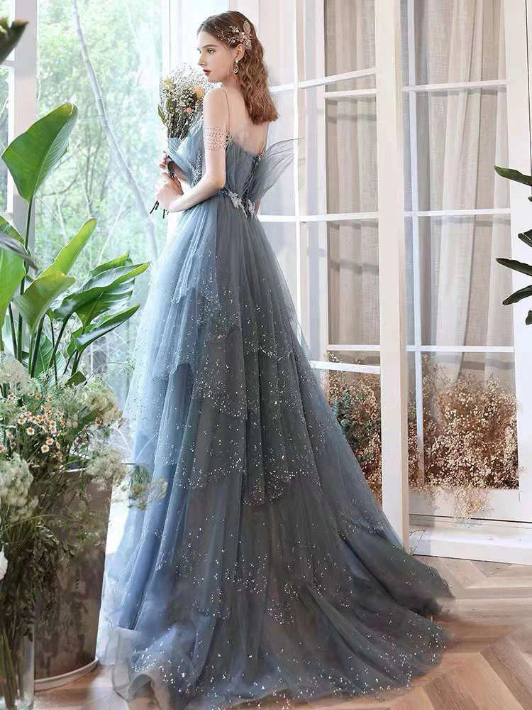 Blue gorgeous sparkling exquisite beaded long tulle ball gown evening dress with rhinestones multi-layered dress gh1001