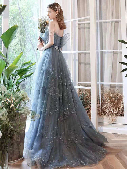 Blue gorgeous sparkling exquisite beaded long tulle ball gown evening dress with rhinestones multi-layered dress gh1001