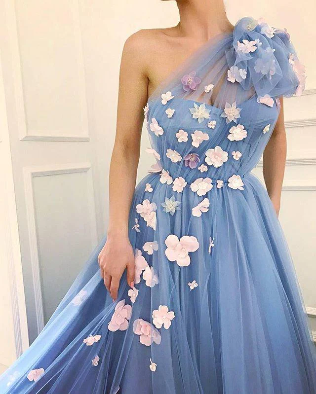 Charming One Shoulder Blue Tulle 3D Flowers Prom Dresses, Long Cheap Dance Dresses  gh1964