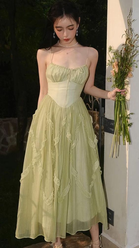 Spaghetti straps a line prom dress green formal party dress gh2733