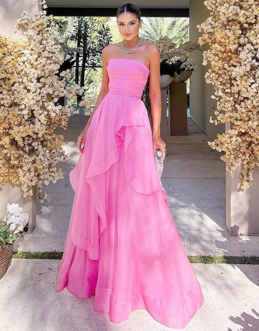 Light pink A-line off-shoulder long ruffled elegant tulle ball gown evening dress gh2684