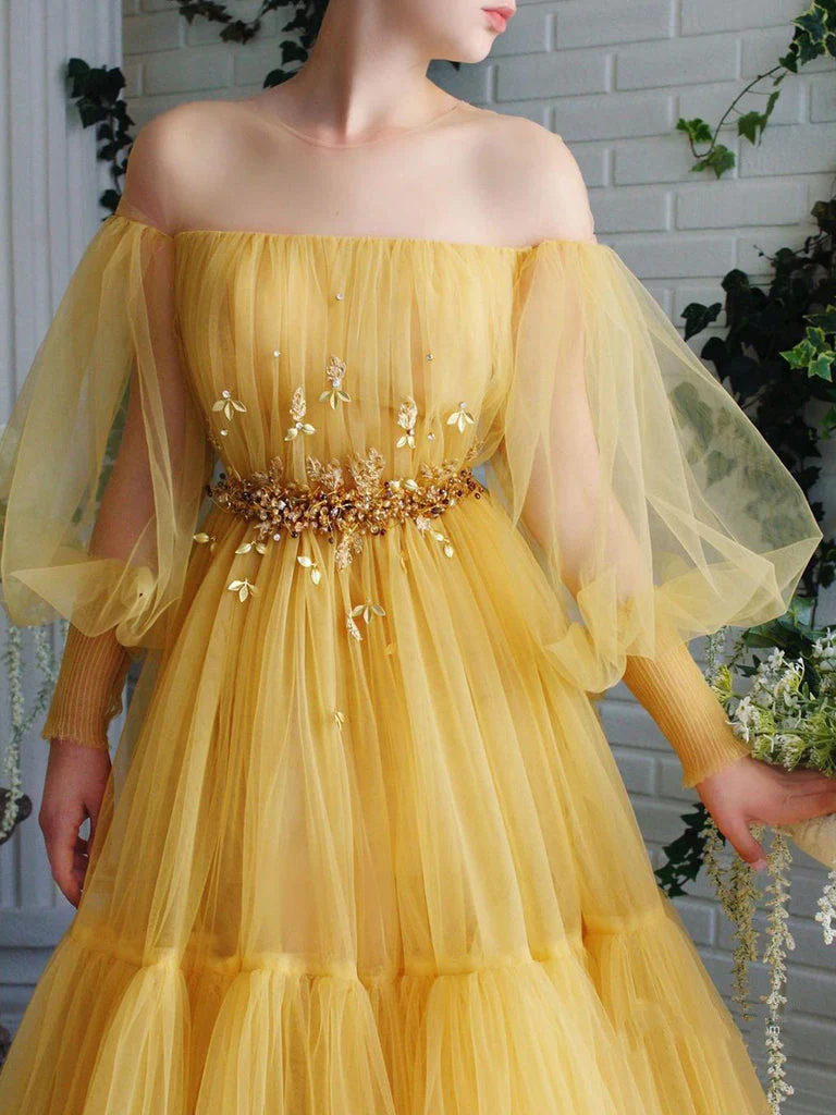 Yellow pretty fairy elegant exquisite beading A-line long sleeve long tulle ball gown evening dress gh2234