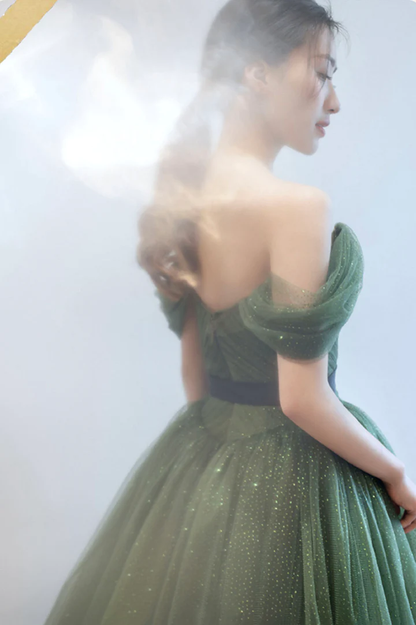 Green tulle long prom dress A line evening dress  gh2275