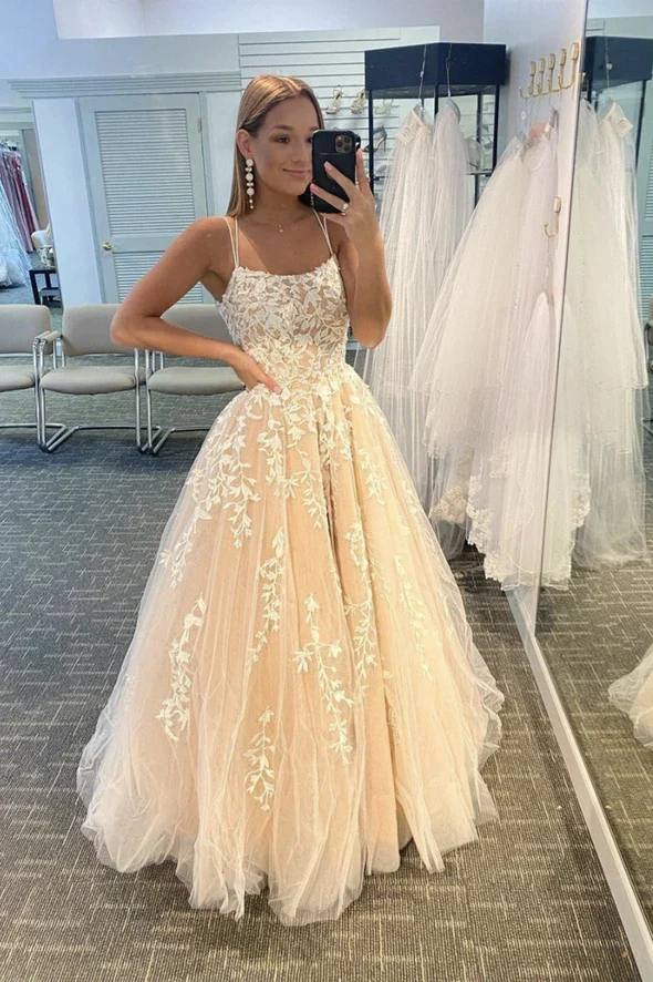 Appliqued Tulle Prom Dresses A-line Spaghetti Straps Gowns  gh2143