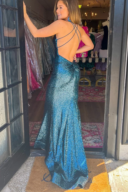 Green Sequin V-Neck Lace-Up Back Mermaid Prom Gown  gh2454