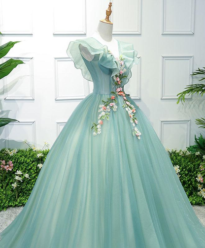 Green V Neck Tulle Long Prom Dress, Formal Dresses, Green Evening Dress  gh2194