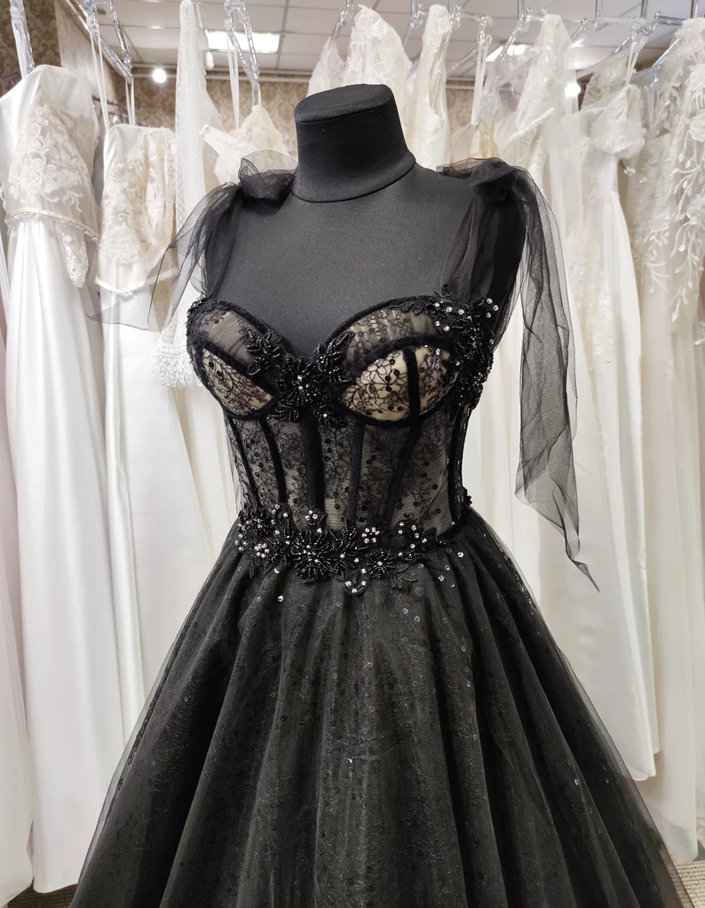 Tulle black applique beaded A-line maxi corset dress party dress off-the-shoulder gown ball gown elegant evening dress gh2106