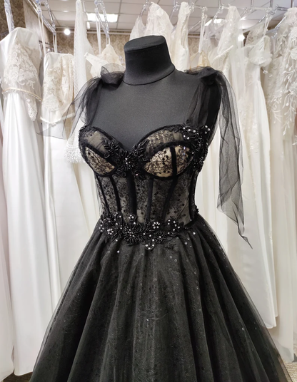 Tulle black applique beaded A-line maxi corset dress party dress off-the-shoulder gown ball gown elegant evening dress gh2106