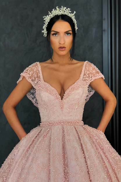 Gorgeous pink ball gown V neck floor length organza beaded crochet flowers evening dress gh2221