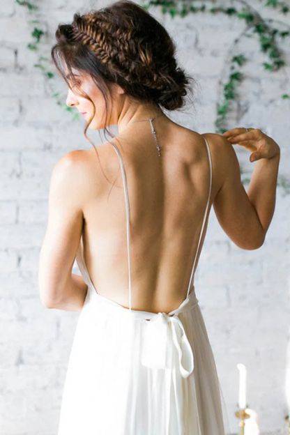 Sexy A-Line Deep V-Neck Backless Chiffon Boho Wedding Dresses with Pleats gh2519