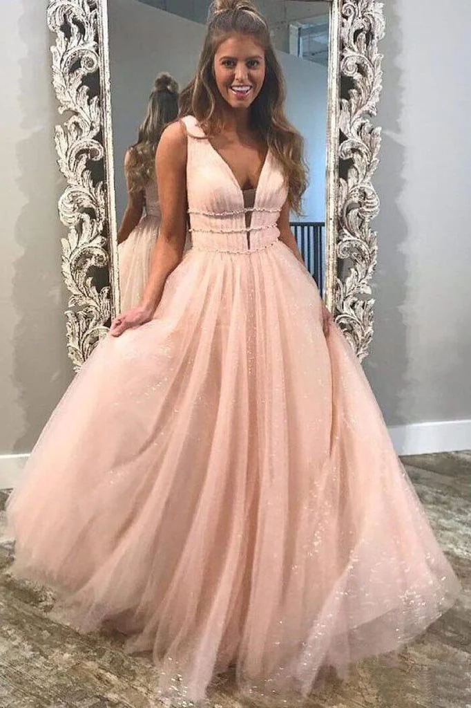 A Line Deep V Neck Ball Gown Prom Dresses Open Back White Evening Dresses gh2139