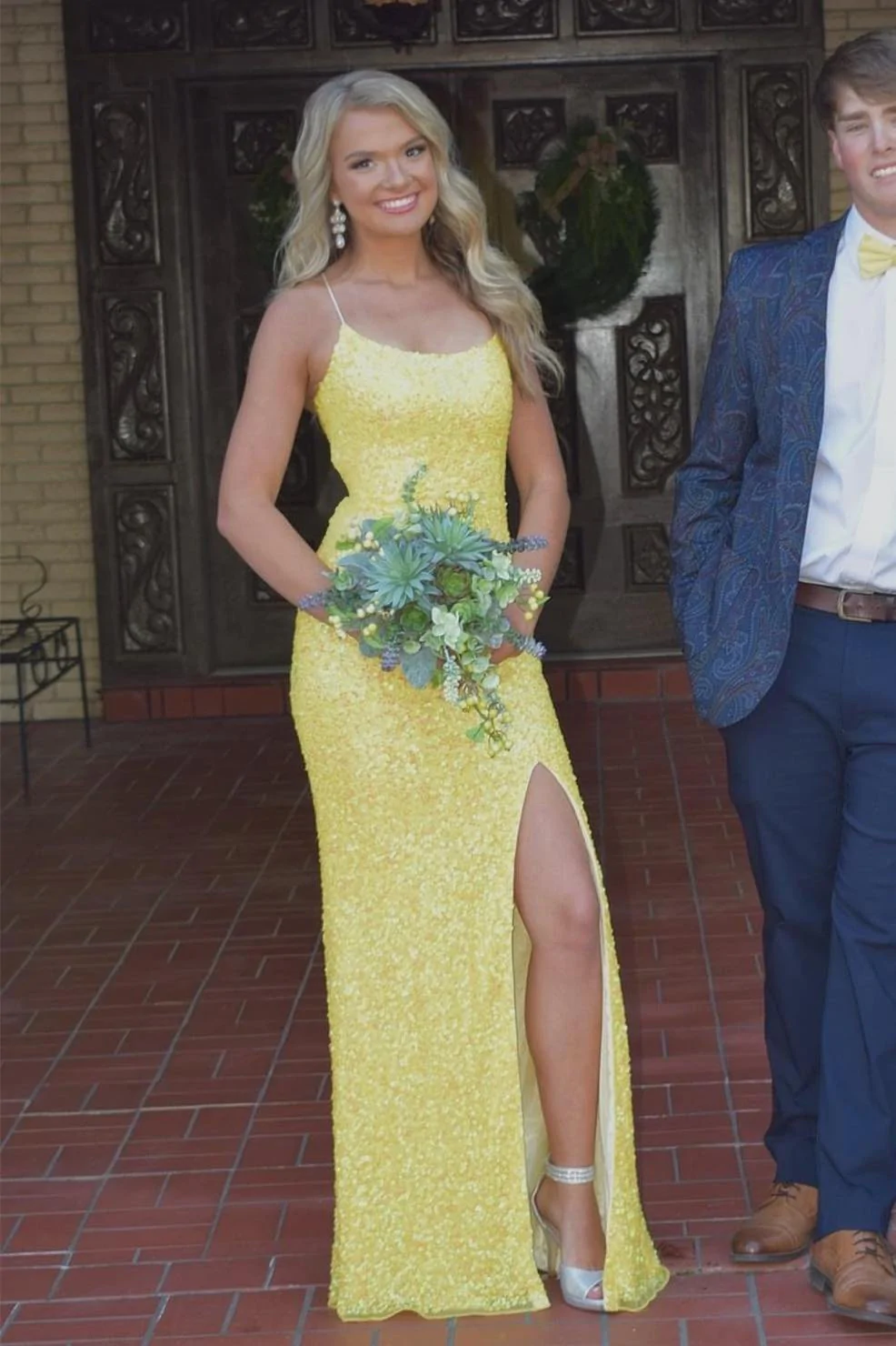 Emerald green/silver/orange/pink/yellow elegant sexy fashion spaghetti strap sequins mermaid slim fit slit long floor length prom dress evening dress party dress gh2238