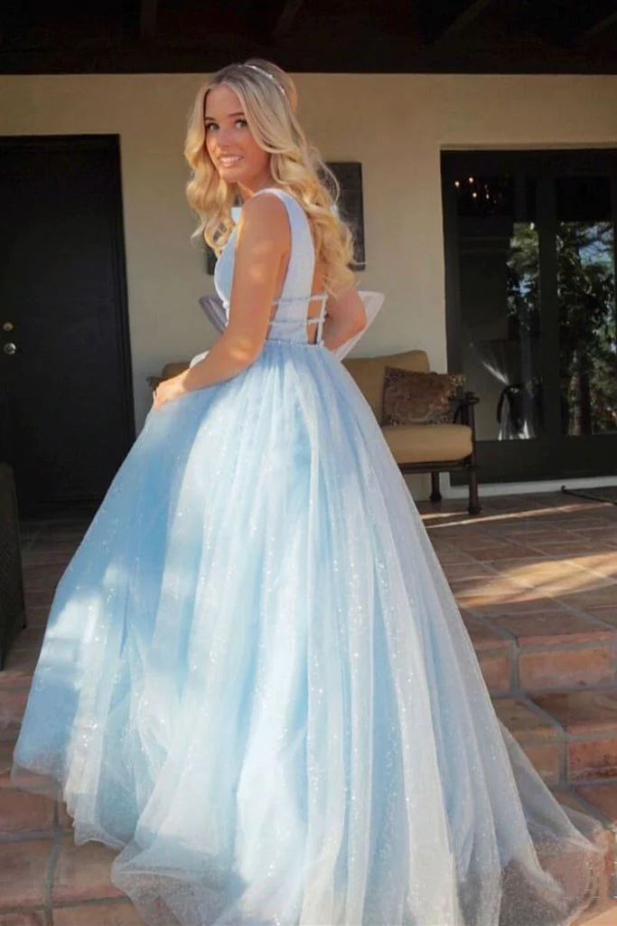 A Line Deep V Neck Ball Gown Prom Dresses Open Back White Evening Dresses gh2139