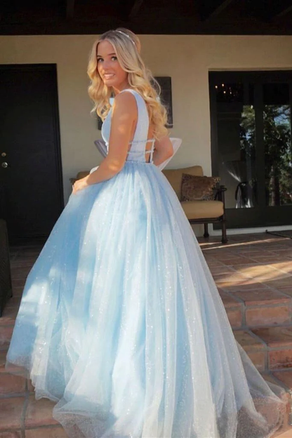 A Line Deep V Neck Ball Gown Prom Dresses Open Back White Evening Dresses gh2139