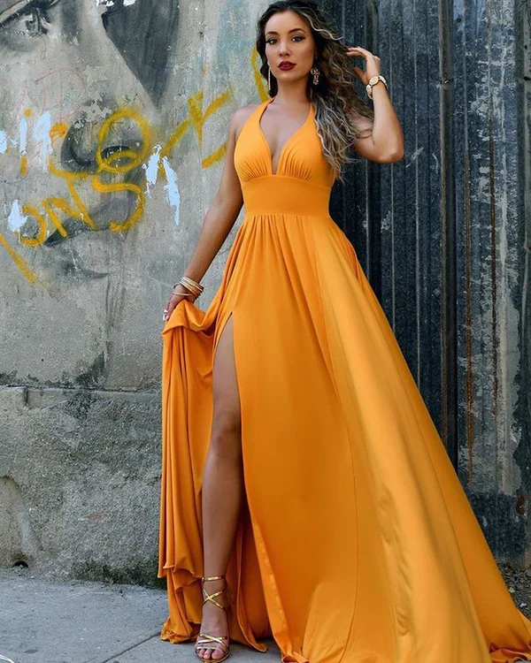 Halter Sweetheart A Line Side Slit Backless Long Gold Prom Dresses     fg3069