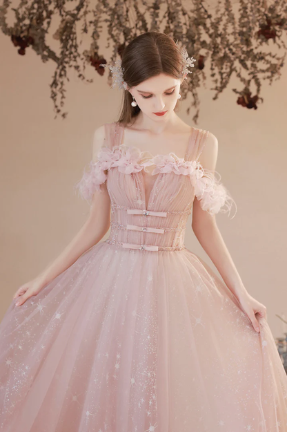 Pink tulle long prom dress A-line evening dress     fg2222