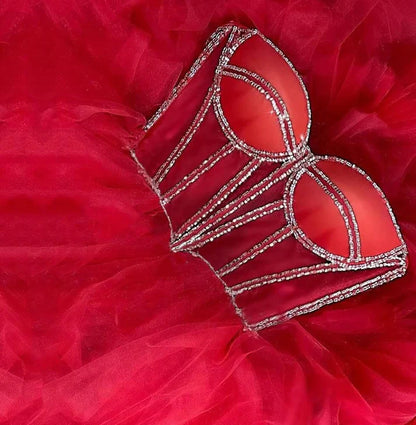 Pink Sparkling A-Line Long Beaded Elegant Halter Neck tulle Ball Gown Evening Dress gh3295