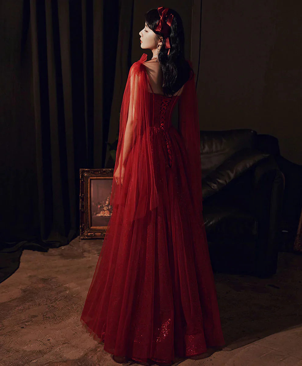 Burgundy Color Shiny Elegant Spaghetti Strap Long Tulle Sequin Ball Gown Evening Dress 8263